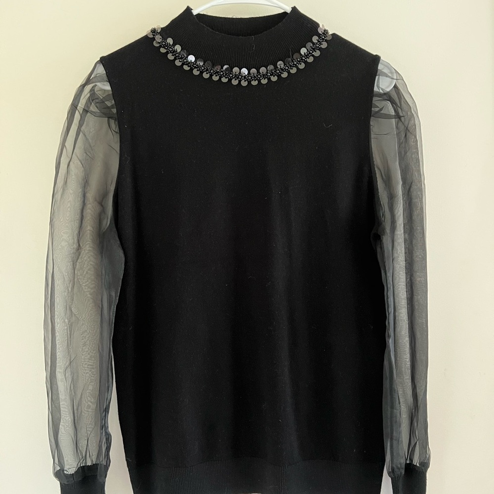 Milano Black Sweater with Sheer Sleeves and Embellished Neckline